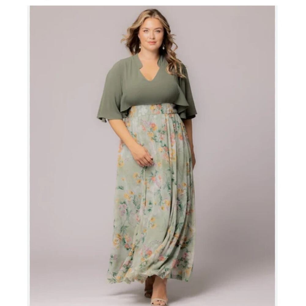 Kiyonna Avisa A-Line Evening Gown Maxi Dress Green Floral Plus Size 4X